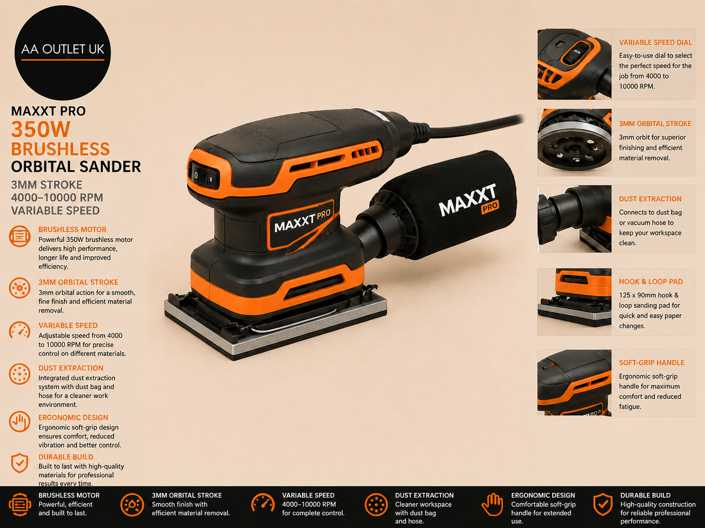 MAXXT Pro 350W Brushless Orbital Sander 3mm Stroke 4000-10000 RPM Variable