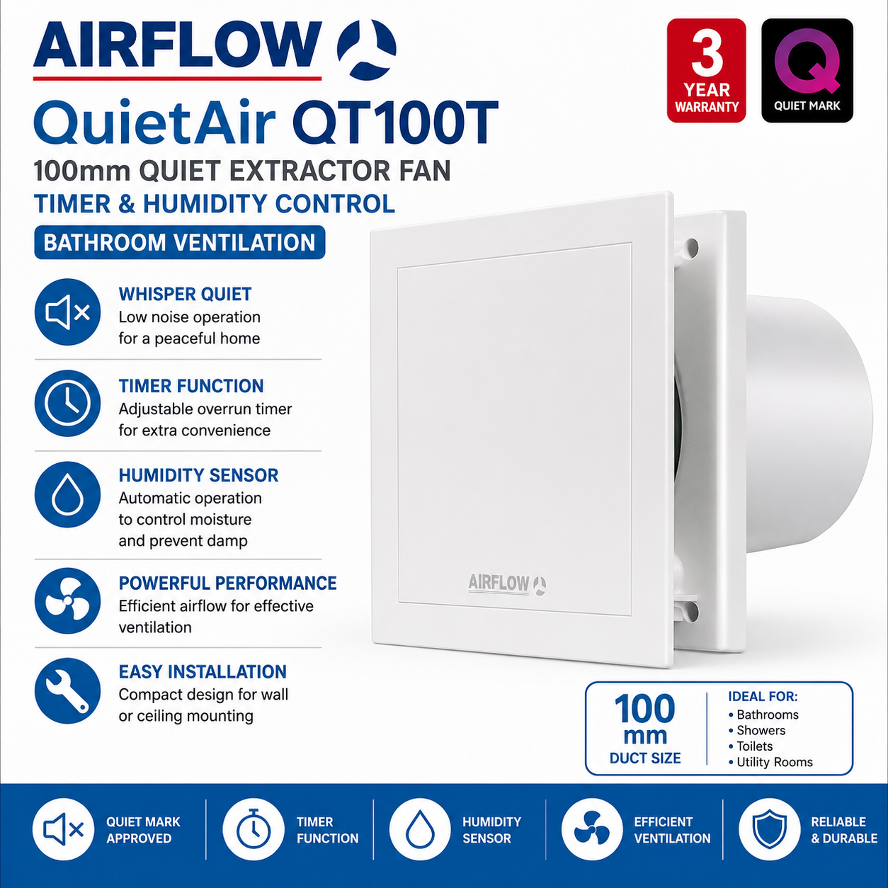 Airflow QT100T 100mm Quiet Extractor Fan Timer Humidity Bathroom Ventilation