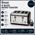 Swan 4 Slice Retro Toaster Black Stainless Steel 24x29x17.8cm Defrost Reheat