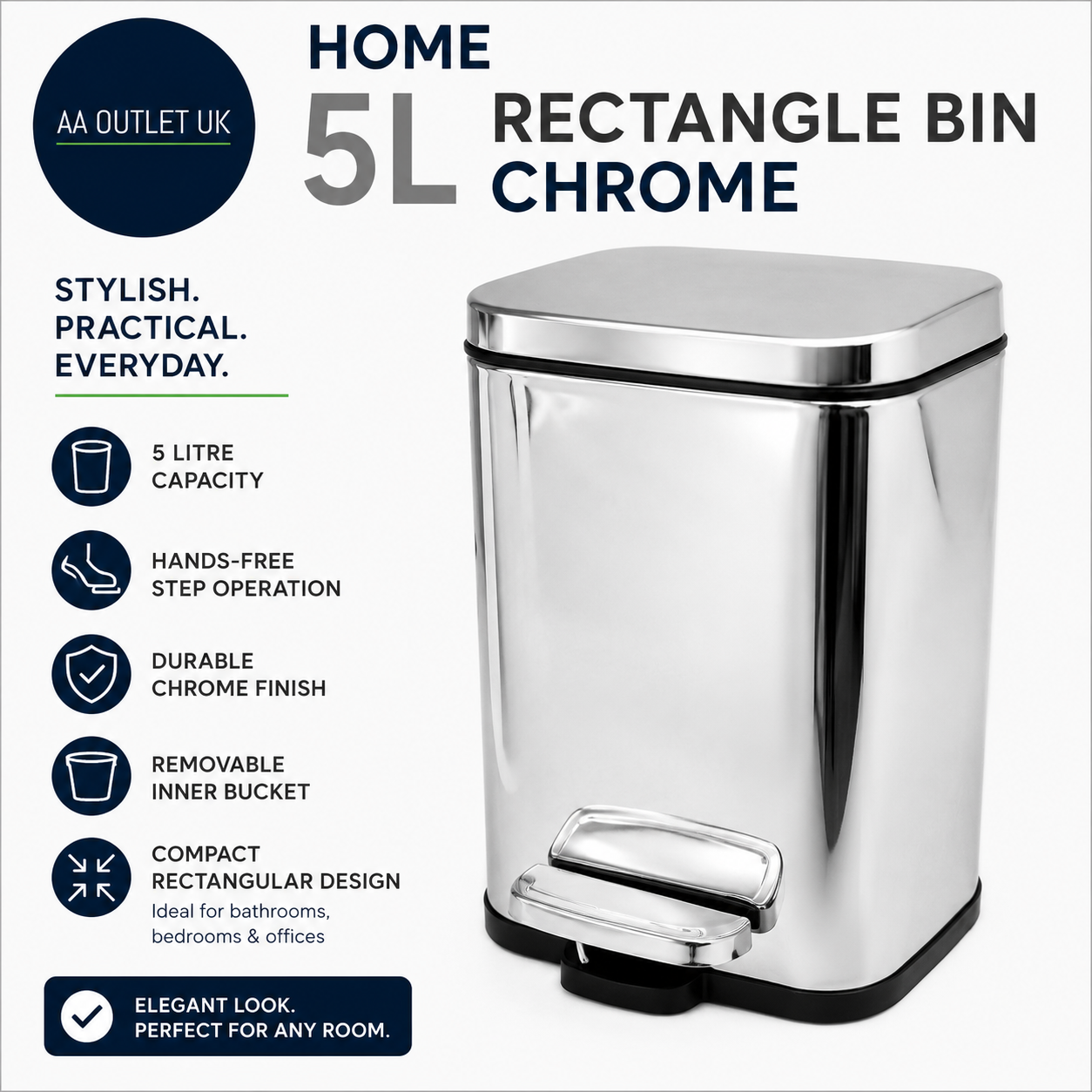 Home 5L Rectangular Bathroom Pedal Bin Stainless steel 30x21.5x18.5cm Chrome