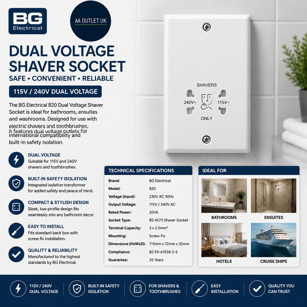 BG Electrical 820 Shaver Socket Dual Voltage 115V 240V Bathroom Toothbrush