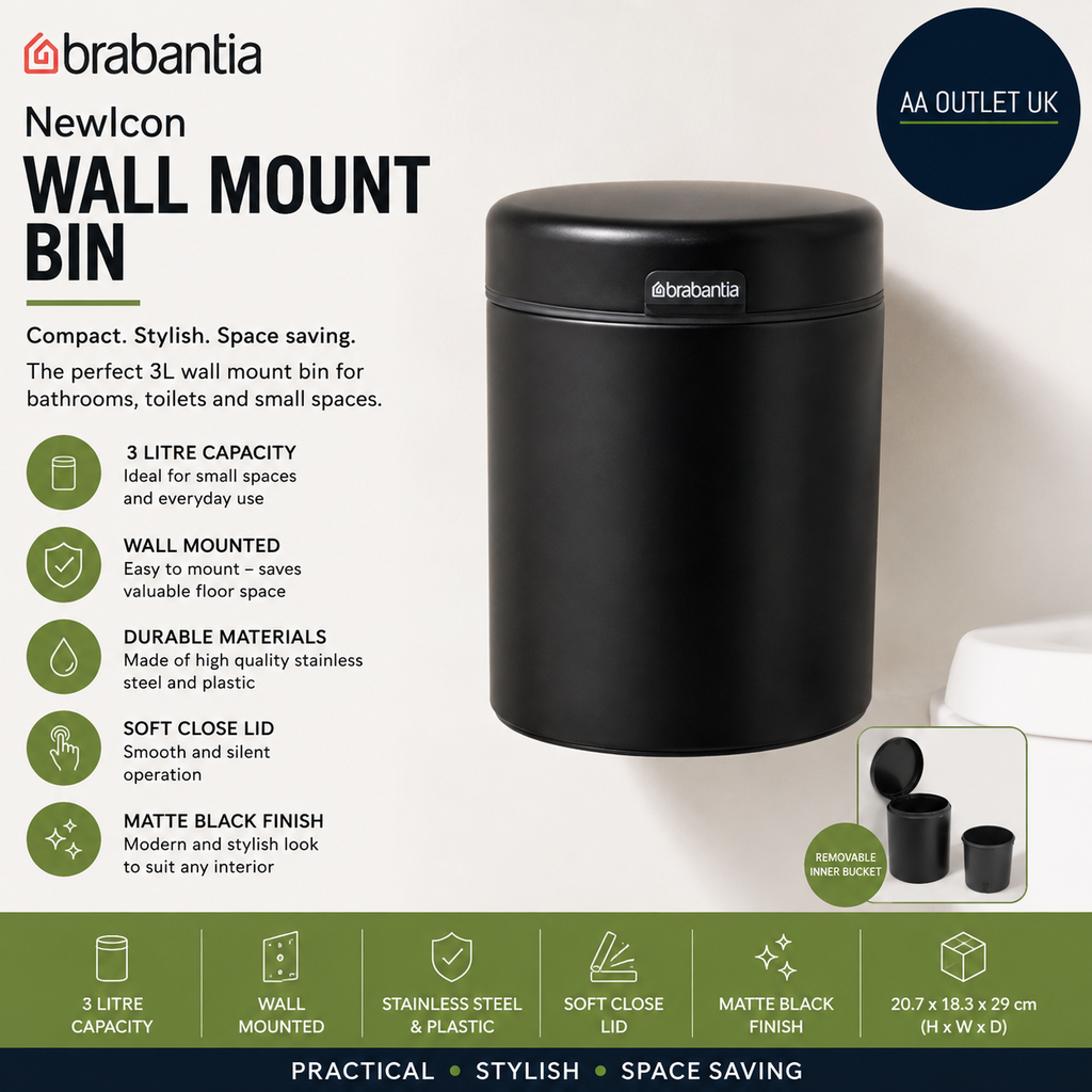 Brabantia Wall Mounted Bin NewIcon 3L Metal Matt Black 23x17x26cm