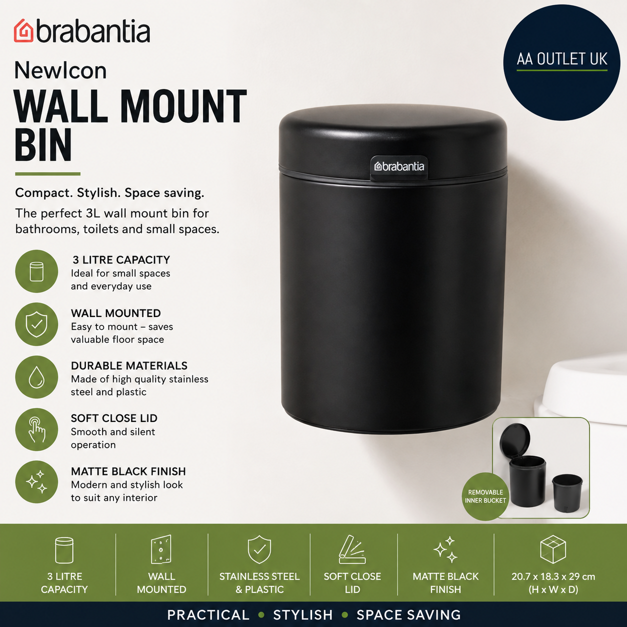 Brabantia Wall Mounted Bin NewIcon 3L Metal Matt Black 23x17x26cm