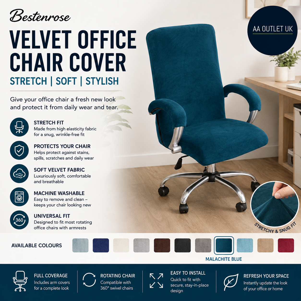 Bestenrose Velvet Stretch Computer Desk Armchair Cover Replacement Large