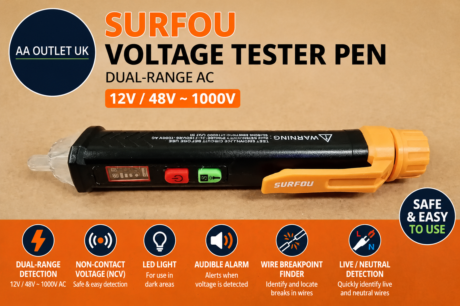 SURFOU Voltage Tester Pen Dual Range AC 12v/48v Non Contact Detector NCV LED