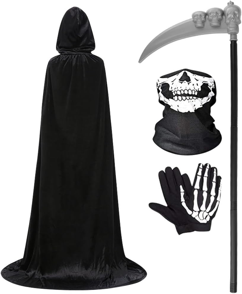 Halloween Black Hooded Cloak Women Men Velvet Fabric Long Cloak Grim Reaper Cost