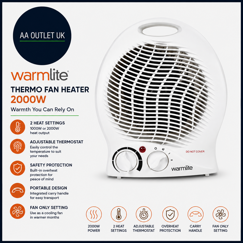 Warmlite WL44002 Thermo Fan Heater 2000W 2 Heat Settings White Portable Design