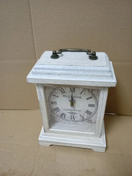 WujiLiving Wooden Mantel Clock Rustic White Distressed Finish Vintage Roman
