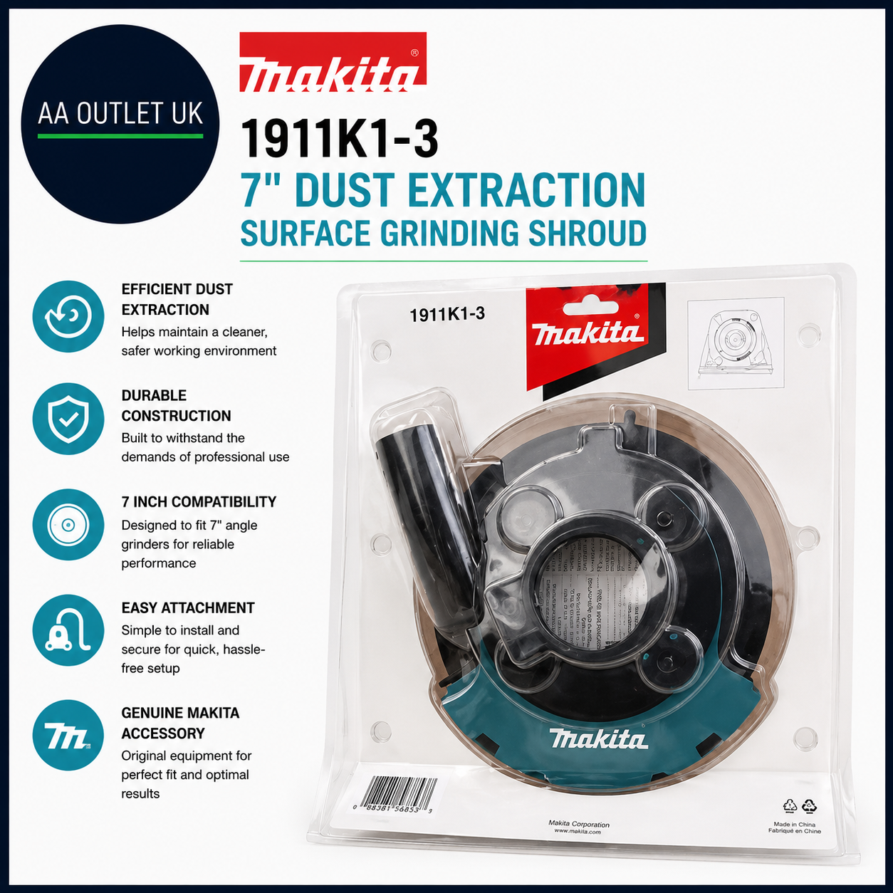 Makita 1911K1-3 7in Dust Extraction Surface Grinding Shroud Corded Electric