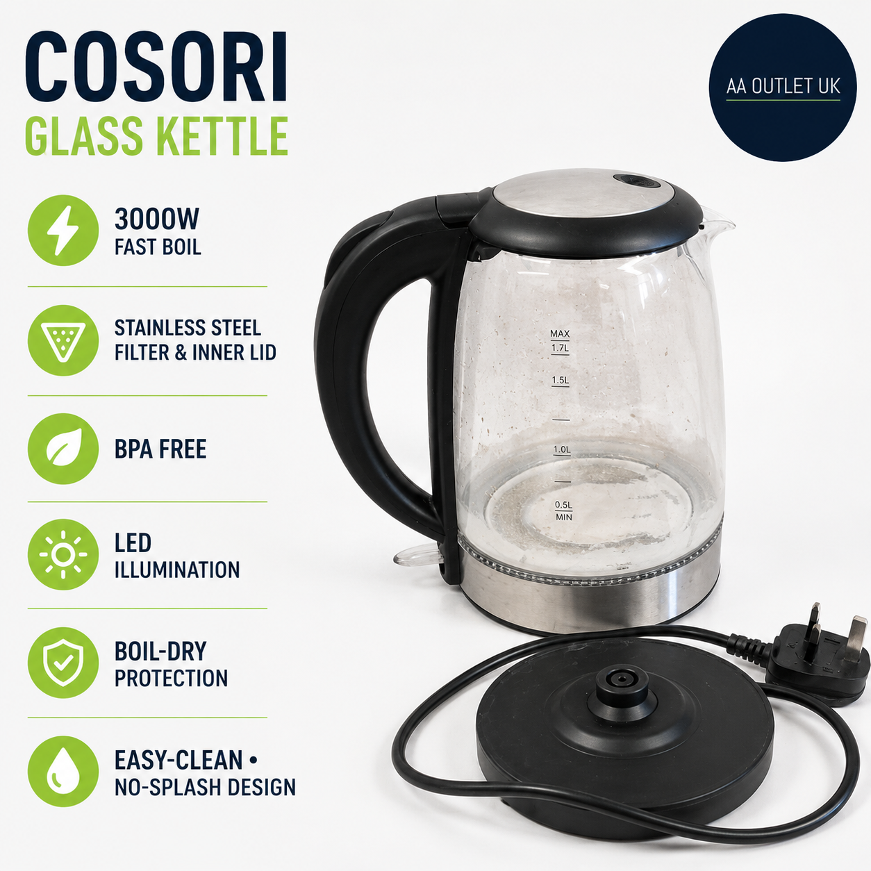 Cosori Kettle 3000W Food Grade Stainless Steel Filter Inner Lid Glass Spout 1.5L