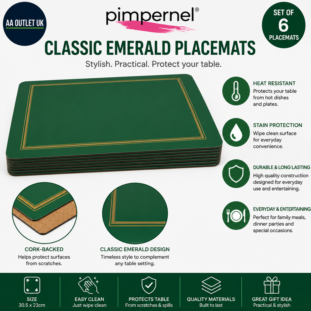 Pimpernel 6 Pieces Classic Emerald Placemats Cork Backed Table Mats 30.5x23cm