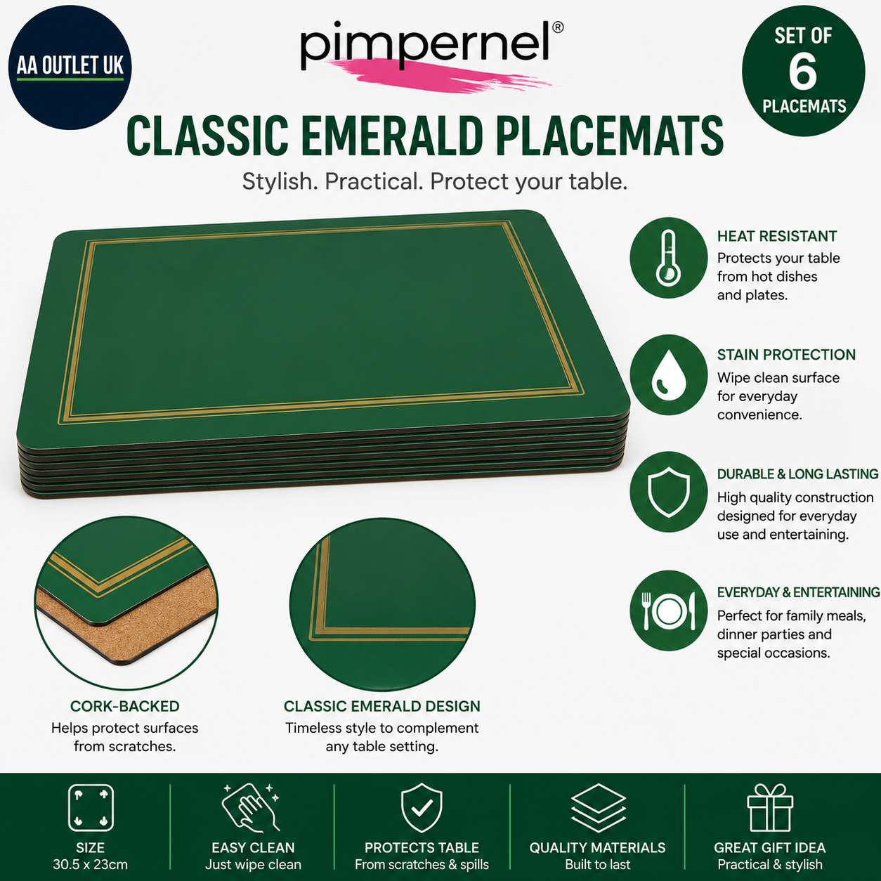 Pimpernel 6 Pieces Classic Emerald Placemats Cork Backed Table Mats 30.5x23cm
