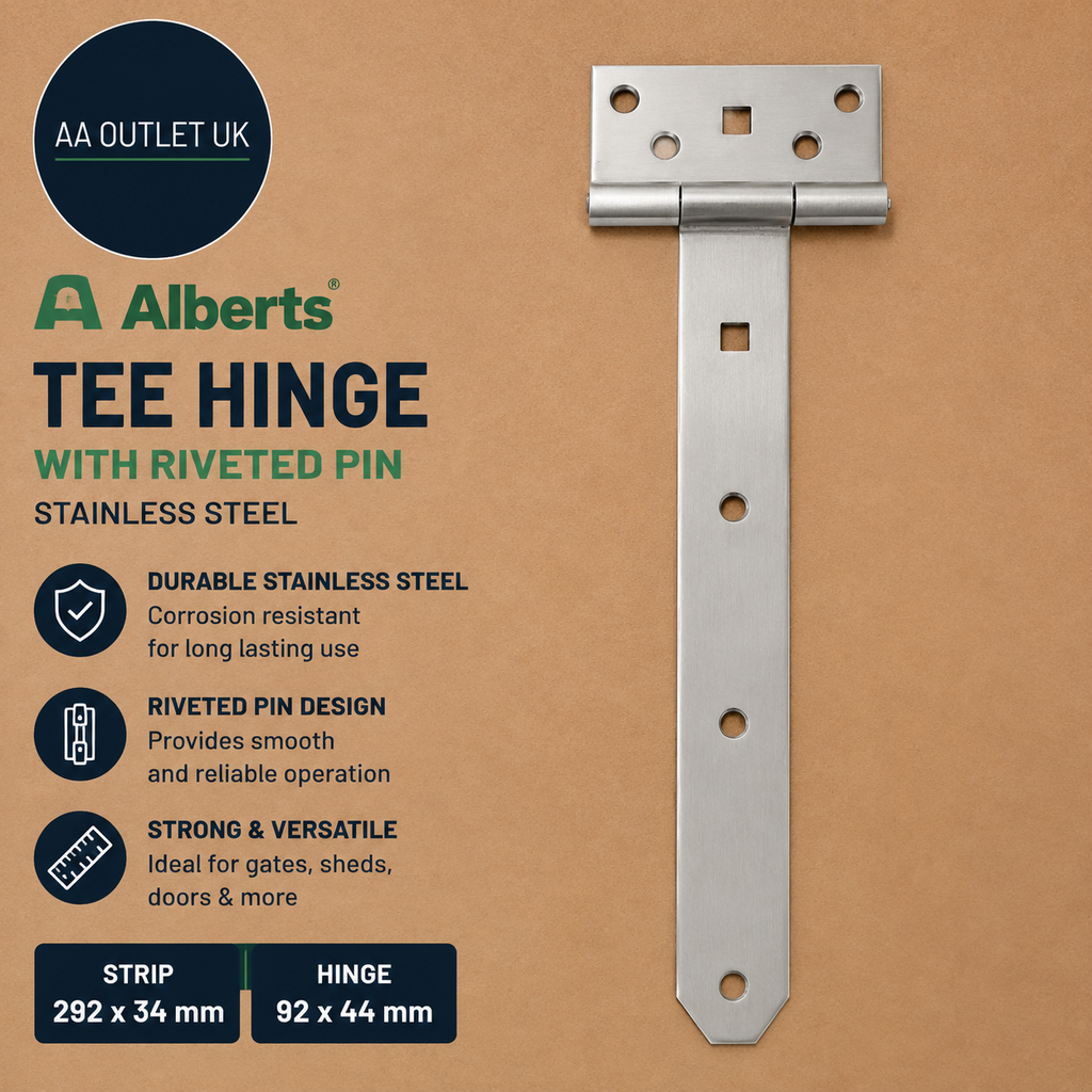 Alberts 326142 Tee Hinge Riveted Pin Stainless Steel Strip 292x34m Hinge 92x44mm