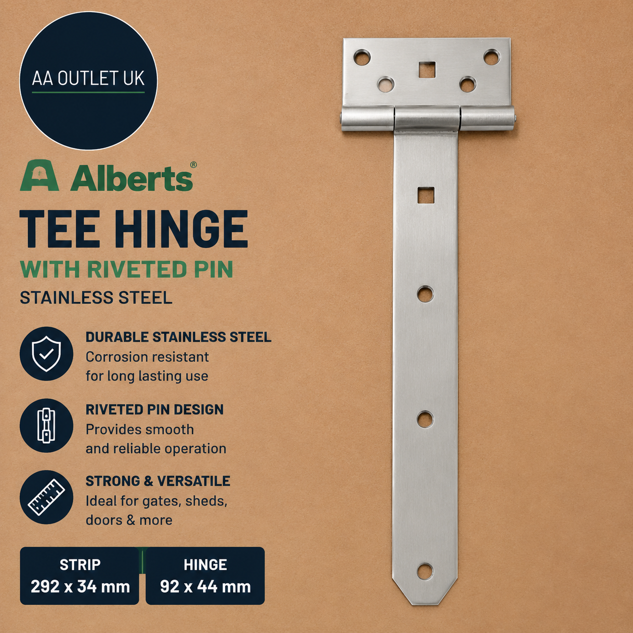 Alberts 326142 Tee Hinge Riveted Pin Stainless Steel Strip 292x34m Hinge 92x44mm