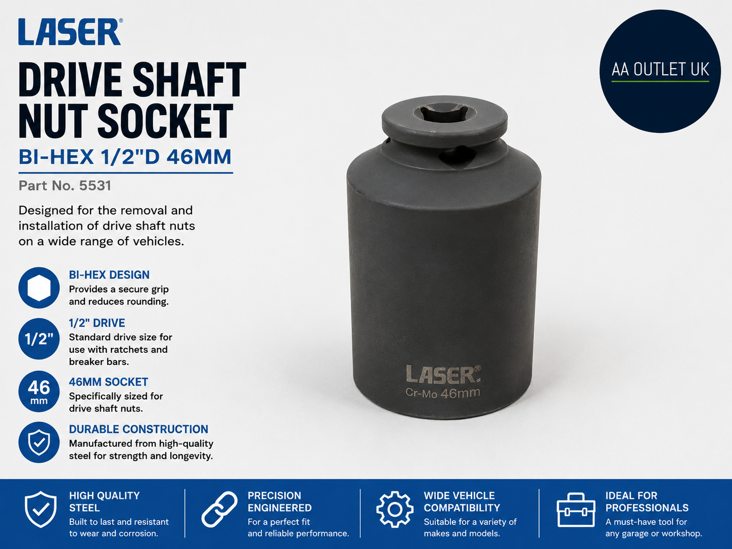Laser 5531 Drive Shaft Nut Socket Bi Hex 1/2in D 46mm Metal Variety Pack