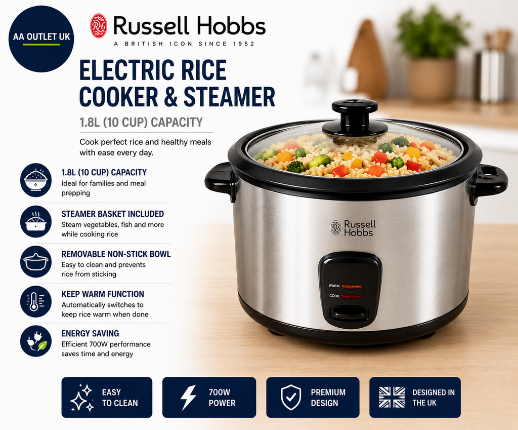 Russell Hobbs Electric Rice Cooker & Steamer 1.8L 700W 19750 Energy Saving