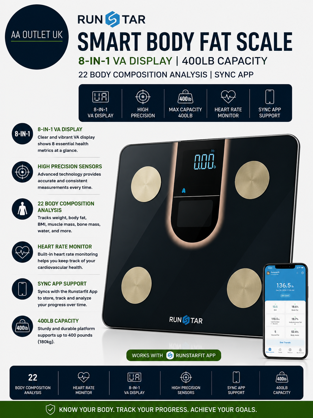 Runstar Scales Body Weight Bathroom Scale 8 In 1 VA Display High Precision