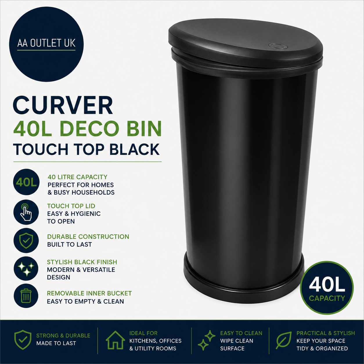 Curver 40Litre Deco Bin Touch Top Kitchen Made From Resin Black 67x34x29cm