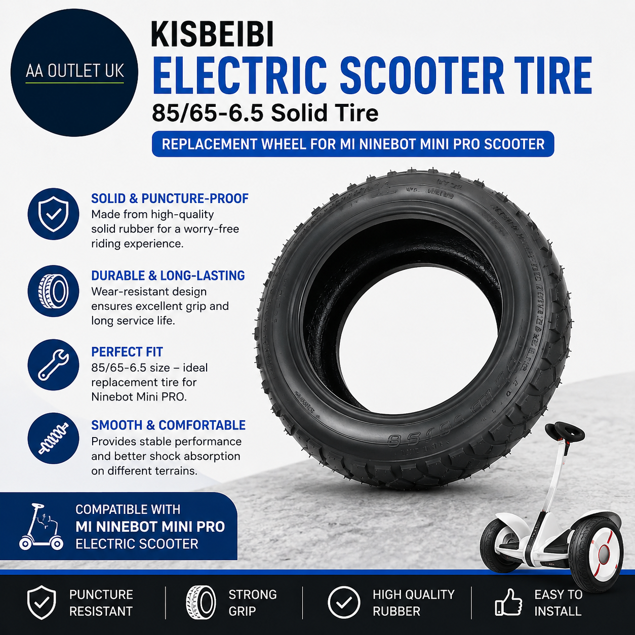 Kisbeibi Electric Scooter Tires 85/65-6.5 Solid Tire Replacement Wheel