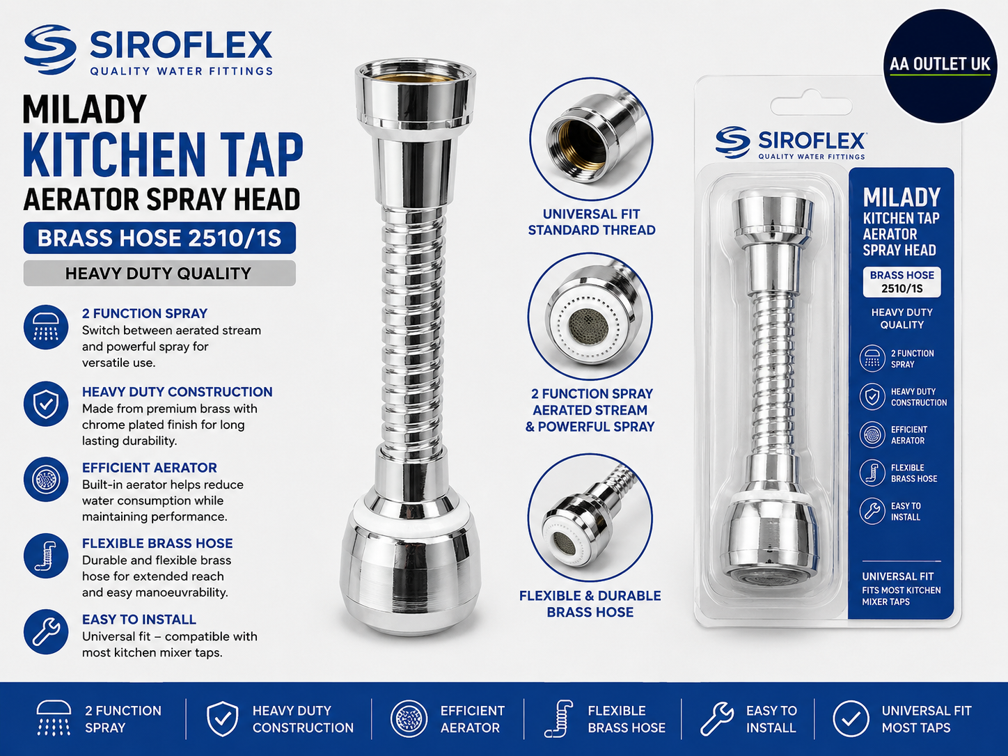 Siroflex Milady Kitchen Tap Aerator Spray Head Brass Hose 2510/1S Heavy Duty