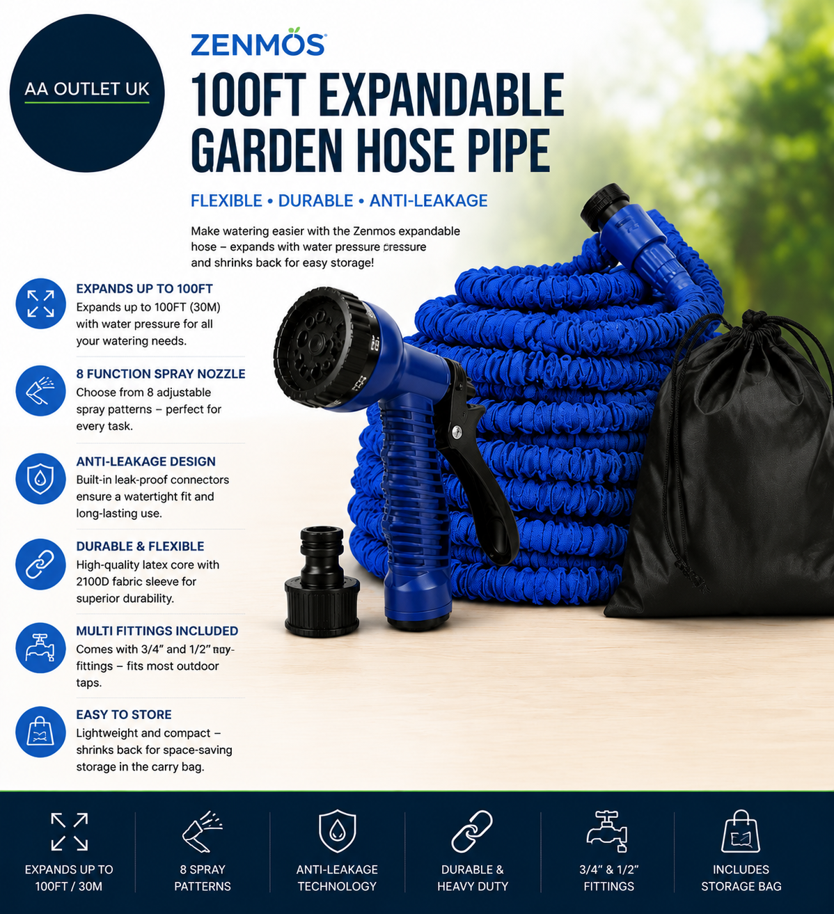 Zenmos 100ft Expandable Garden Hose Pipe 8 Function Spray Nozzle Flexible Blue