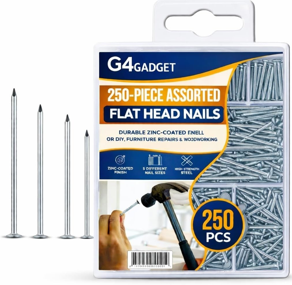 G4Gadget 250pcs Zinc Plated Flat Head Nails 5 Assorted Sizes DIY Woodwork New