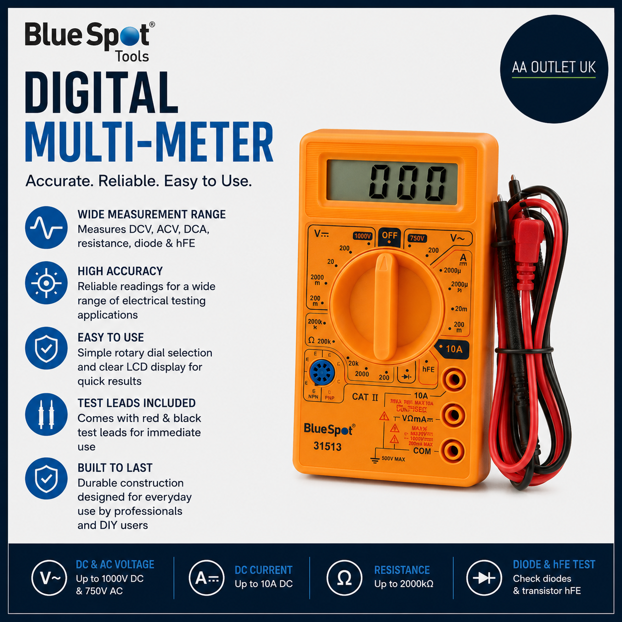 Blue Spot 31513 Digital Multi Meter Yellow Battery Powered Decibel