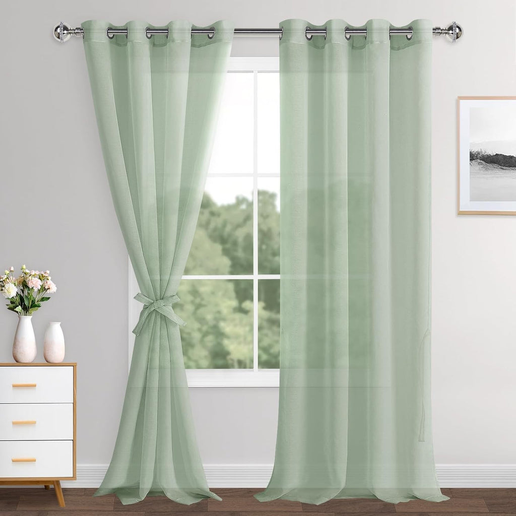 XWZO Linen Look Voile Curtains Bean Green 2 Panels Semi Transparent 55x95in