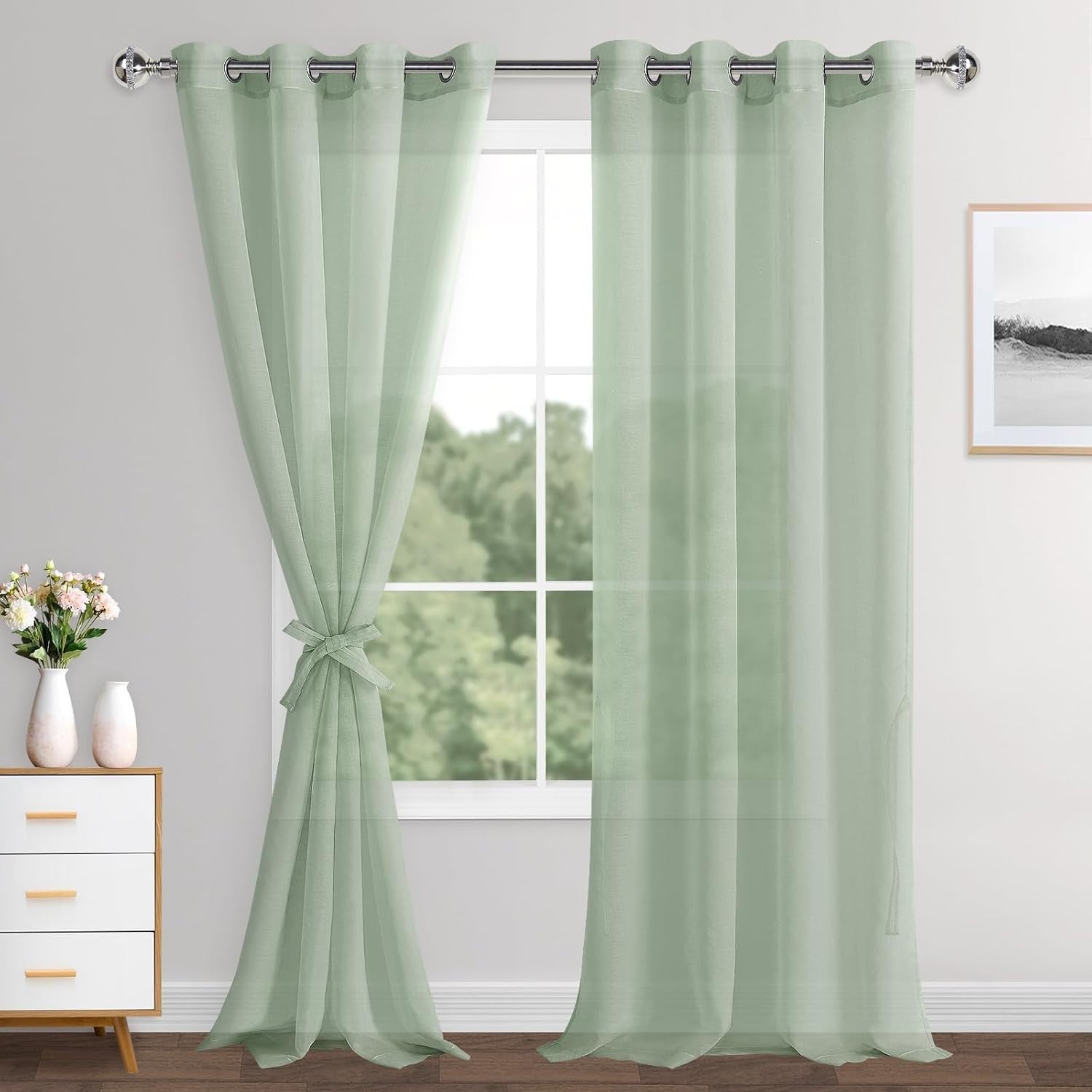 XWZO Linen Look Voile Curtains Bean Green 2 Panels Semi Transparent 55x95in