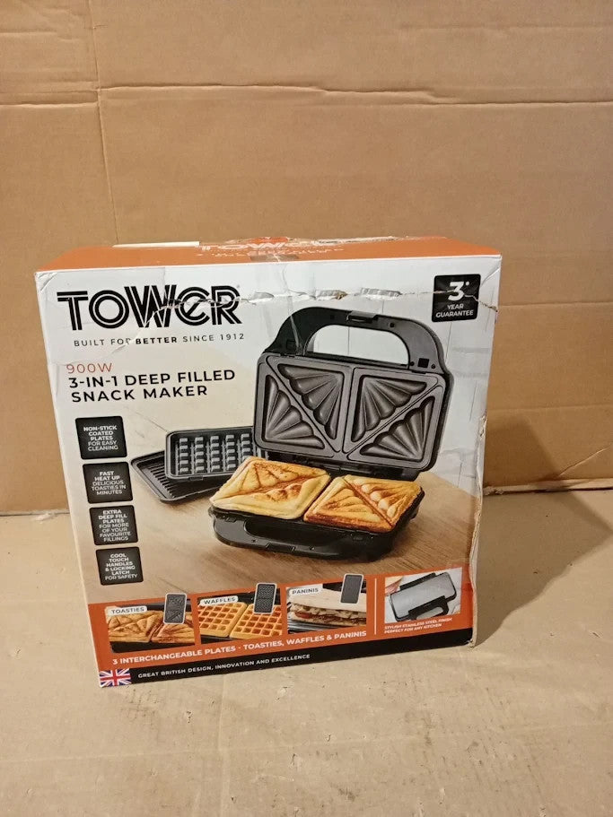 Tower 3 In 1 Deep Filled Snack Maker Non Stick Coated Plate T27032 900W