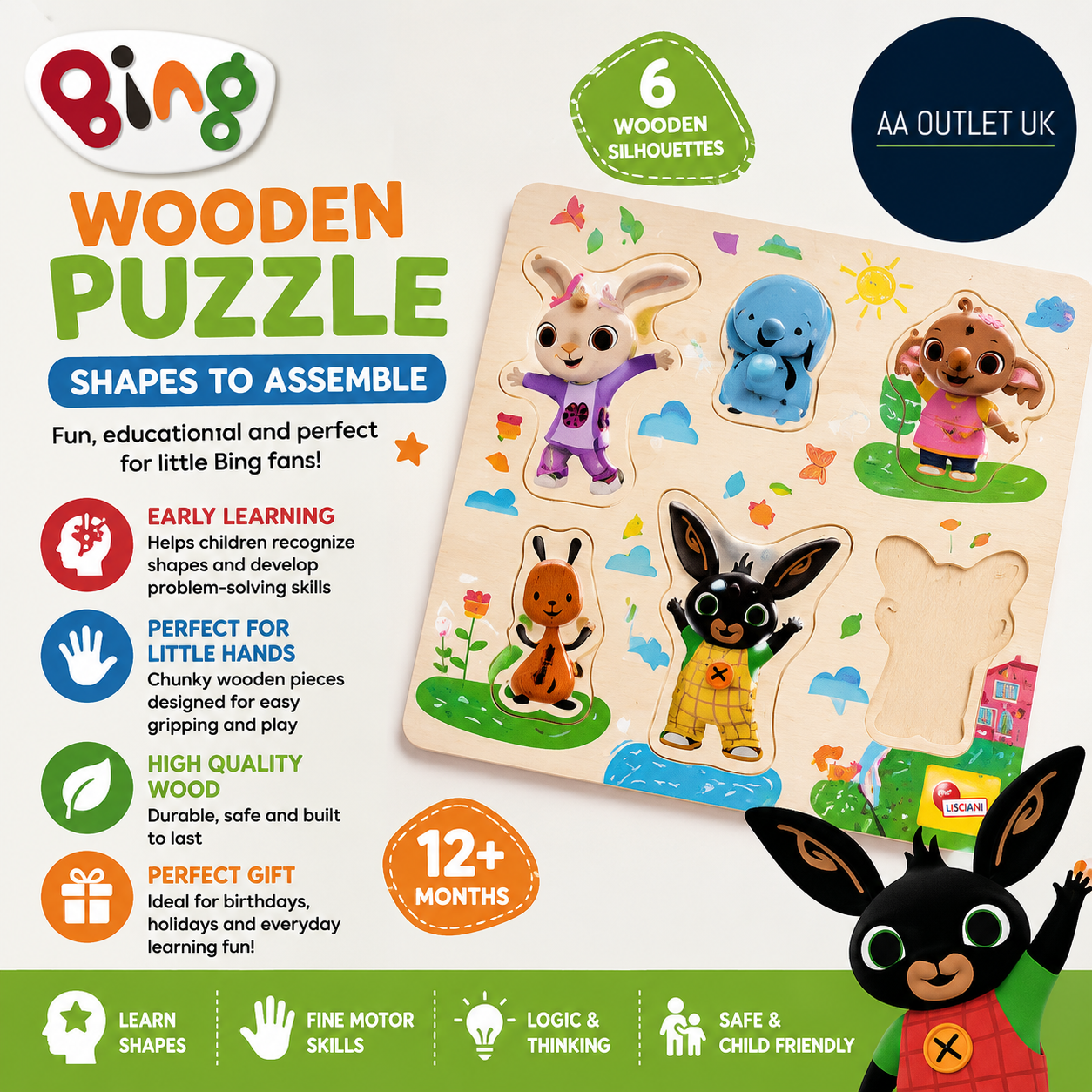 Lisciani Bing Wooden Puzzle Shapes Assemble Baby Educational Learning Shape 1+