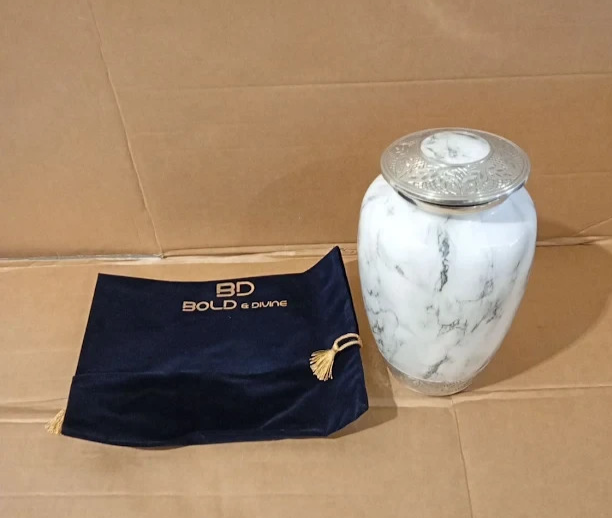 Bold Divine White Marble Finish Cremation Urn Recycled Aluminium Adult New