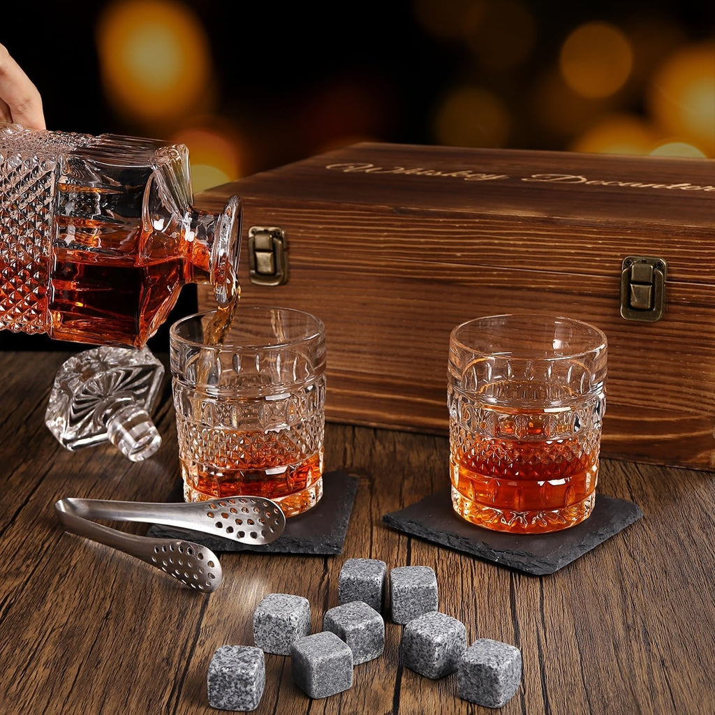 Cambareign Whiskey Decanter Set Wooden Box 27oz Crystal Liquor Glass New