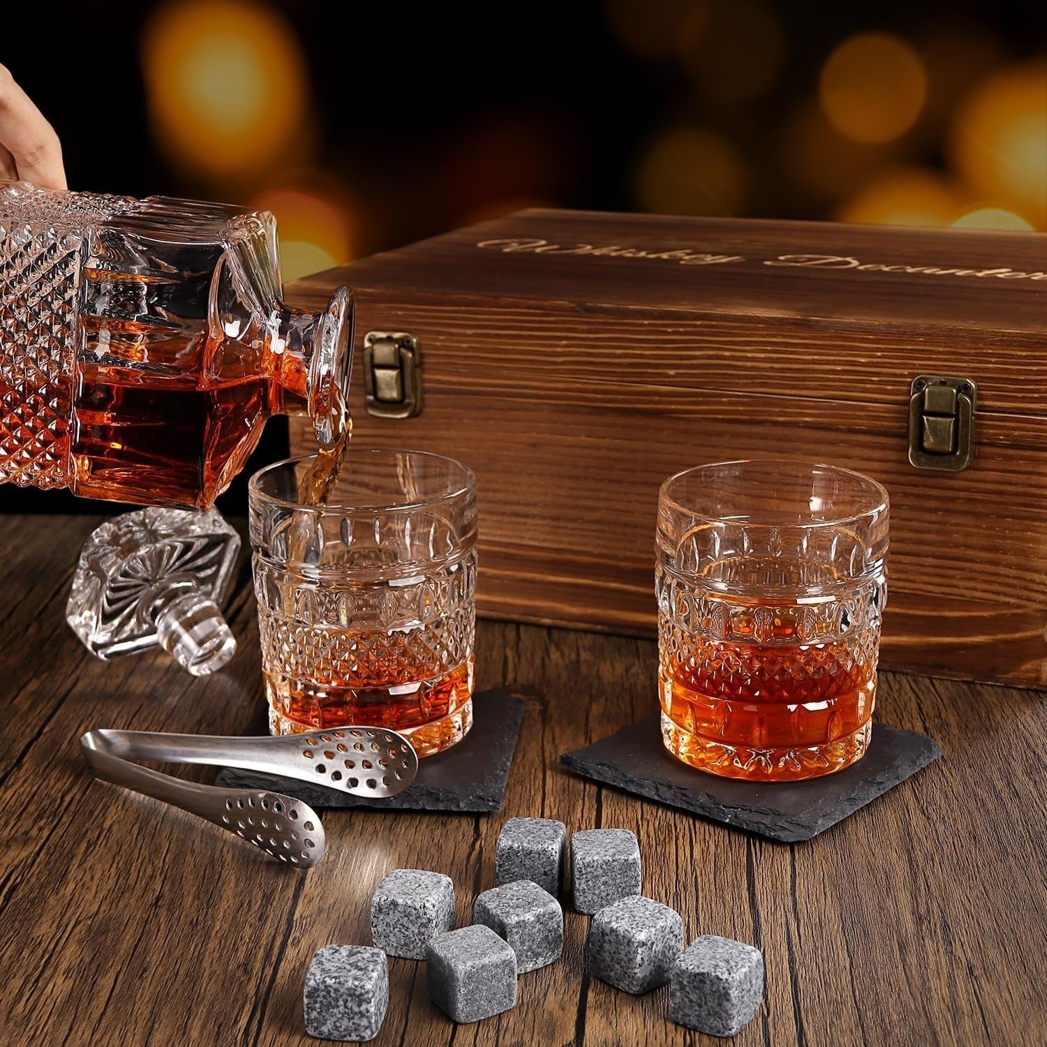 Cambareign Whiskey Decanter Set Wooden Box 27oz Crystal Liquor Glass New
