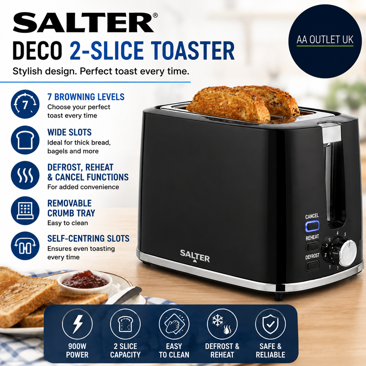 Salter Deco 2 Slice Toaster 7 Browning Levels 900W Black Wide Slots Black