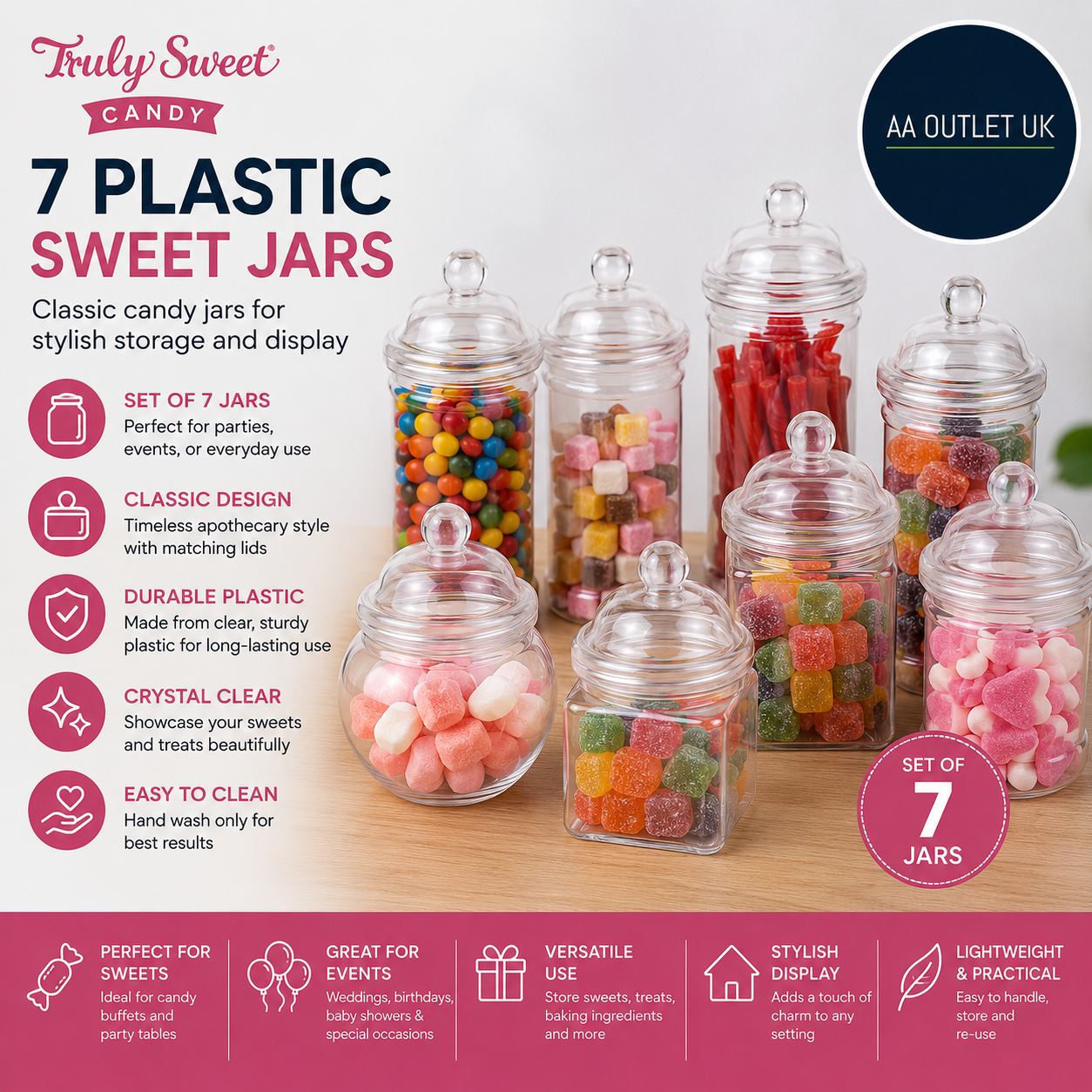 Truly Sweet Candy 7pc Plastic Sweet Jars Classic Design Clear Transparent