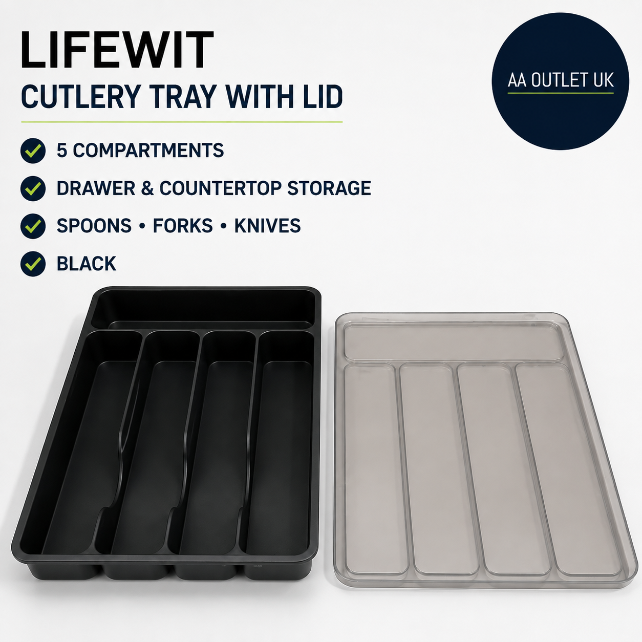 Lifewit Cutlery Tray With Lid Storage Box Kitchen Drawer Counter 9.5lx12.7w