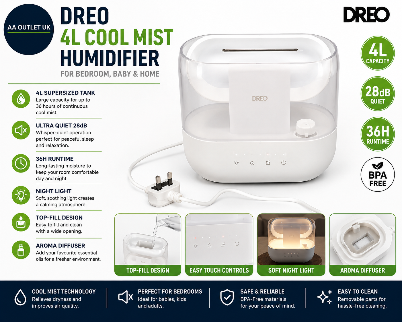 DREO Humidifier Bedroom Baby 4L Cool Mist Supersized 28 dB Quiet Air 36H White