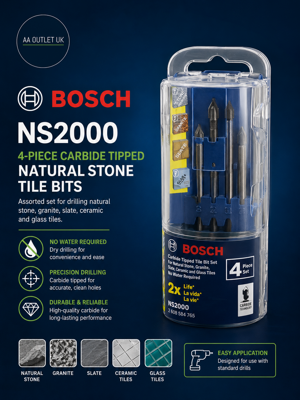 Bosch NS2000 4 Piece Carbide Tipped Natural Stone Tile Bits Assorted Set