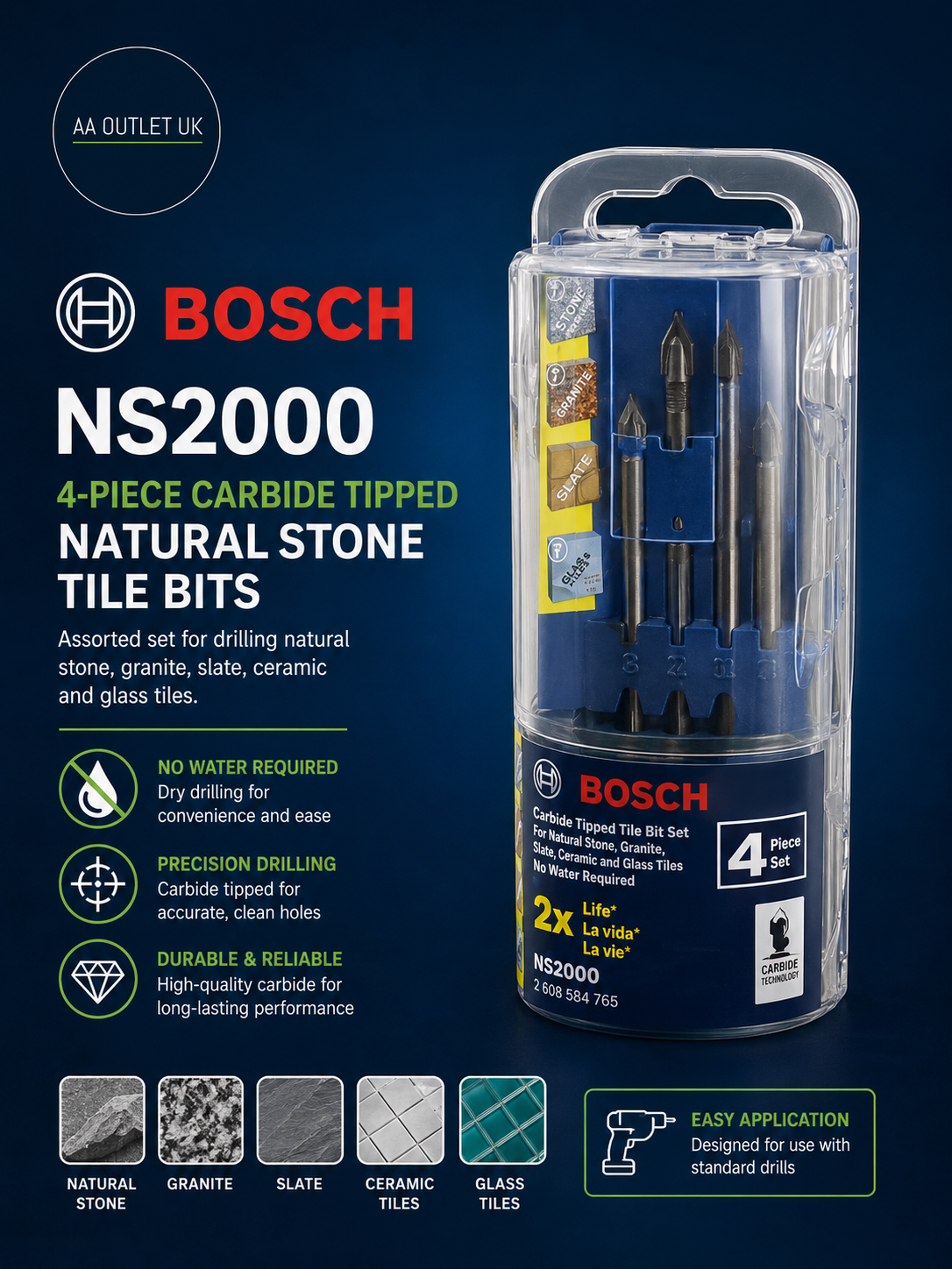 Bosch NS2000 4 Piece Carbide Tipped Natural Stone Tile Bits Assorted Set