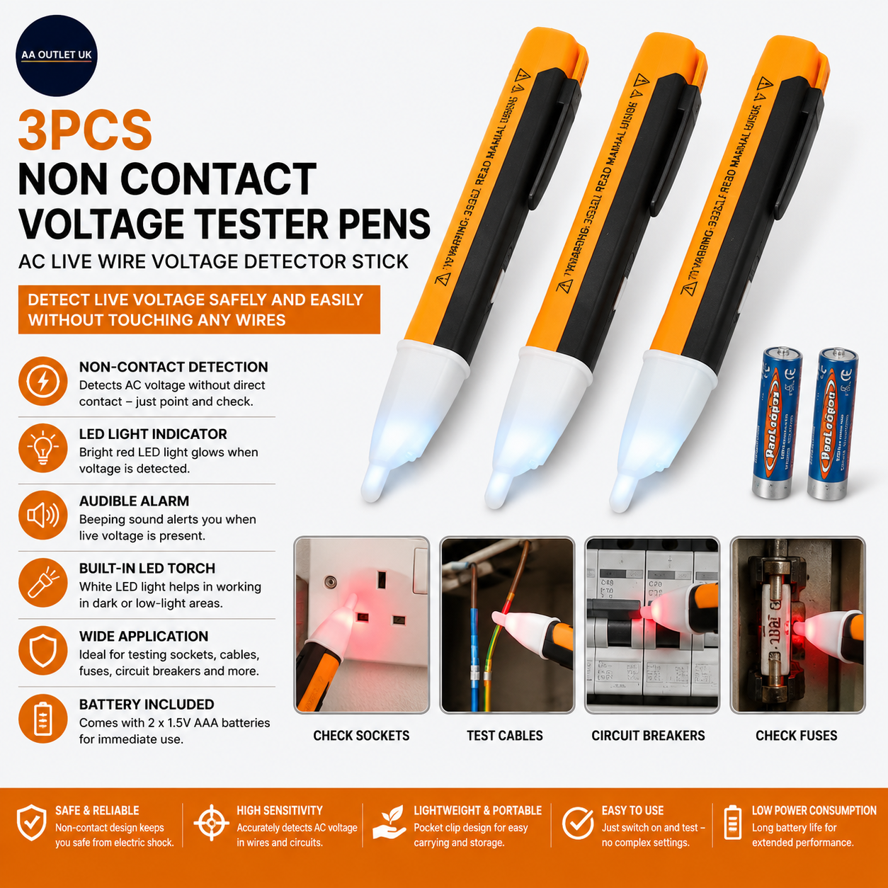 3 Pieces Non Contact Voltage Tester Pens AC Live Wire Voltage Detector Stick