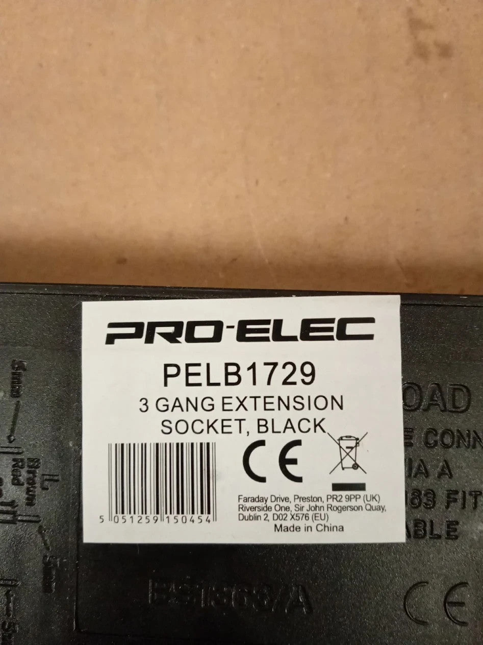PRO-ELEC PELB1729 3 Gang Extension Socket Black 13A Unswitched Wall Mount BS1363