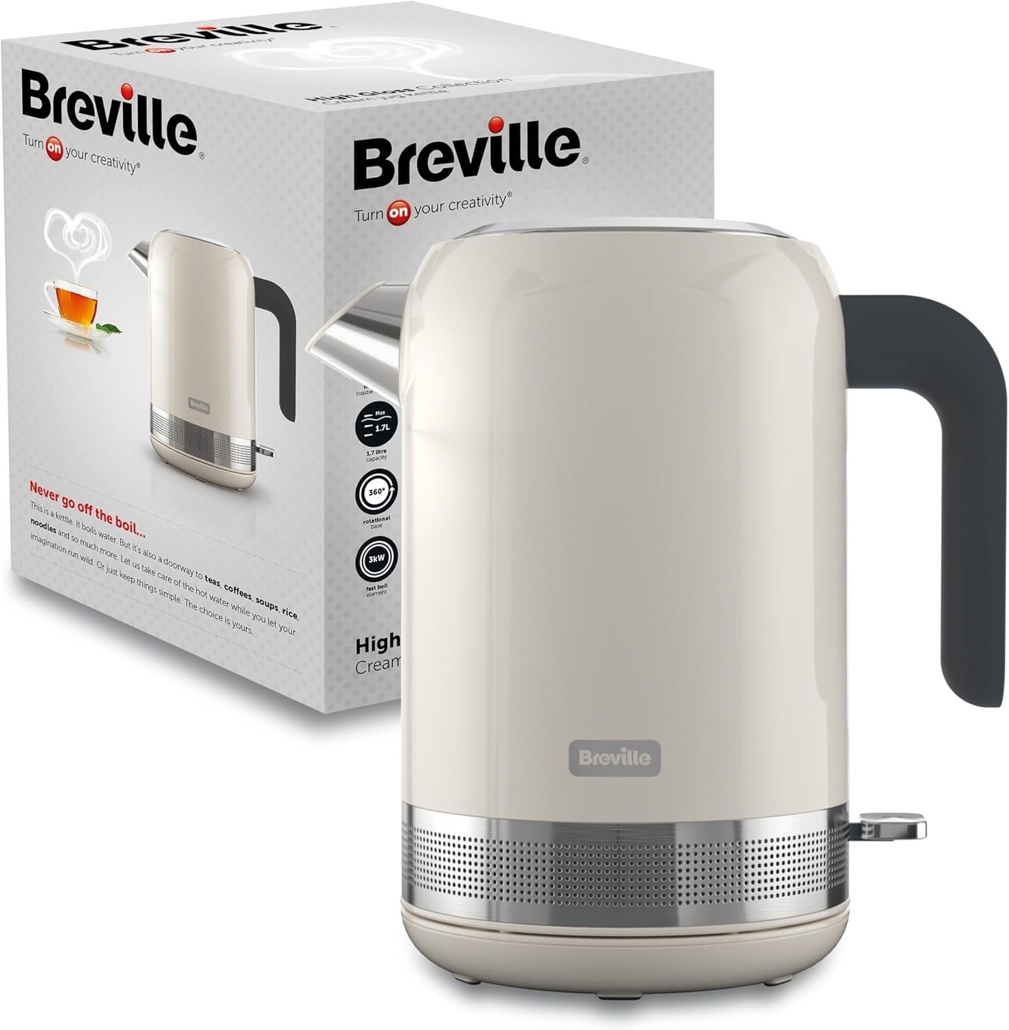 Breville High Gloss Electric Kettle 1.7L 3kw Fast Boil Cream 9.1x5.9x9.4cm New