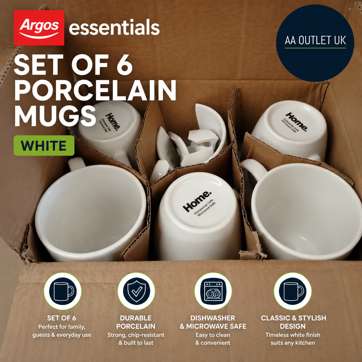 Argos Essentials Set Of 6 Porcelain Coffee Mugs White 360ml Dishwasher Safe