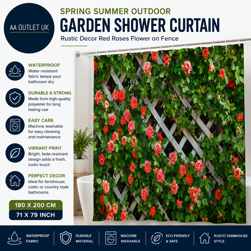 Spring Summer Outdoor Garden Shower Curtain Rustic Decor Red Roses 200x180cm