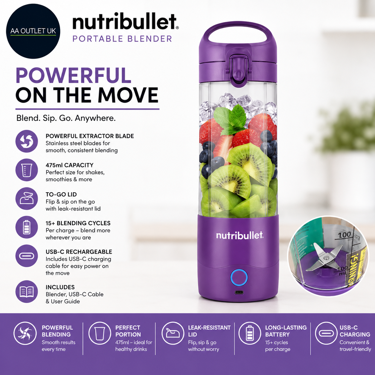 Nutribullet Portable Blender Purple Powerful Extractor Blade 475ml Cup To Go