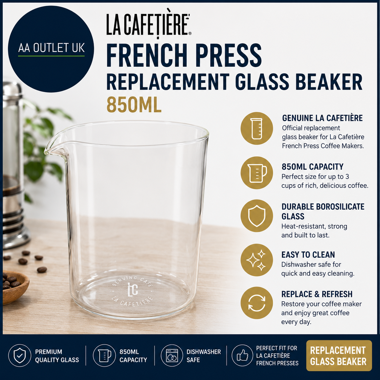 La Cafetiere French Press Coffee Maker Replacement Glass Beaker 850ml