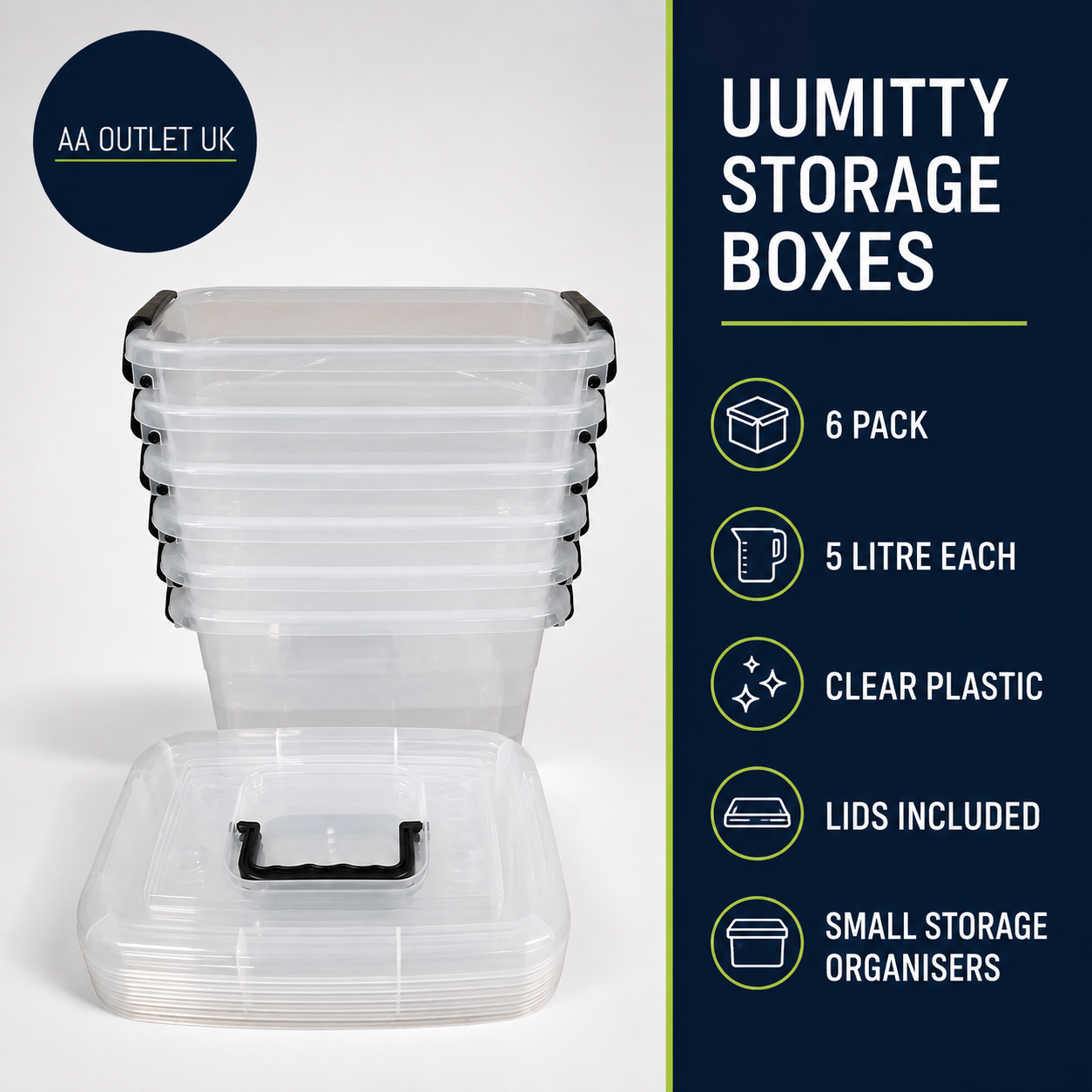 Uumitty 6 Packs Plastic Storage Box 5Litre Small Organizer With Clear Lid