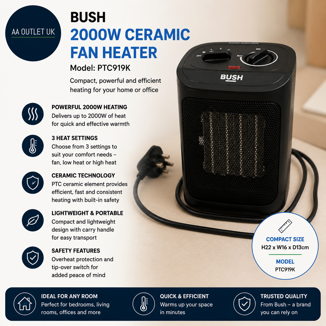 Bush 2000W Ceramic Fan Heater Lightweight PTC919K 3 Heat Settings Black