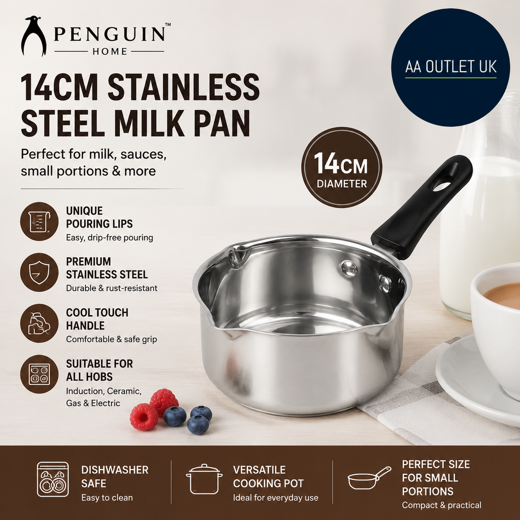 Penguin Home Stainless Steel Milk Pan 14cm Unique Pouring Lips Induction